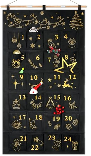 DPKOW Ricamato Stoffa Calendario Avvento da Riempire Grande, Vuoto Calendario dell'Avvento Fai Da Te Calendari Natale Originale, Riutilizzabile, Ricamati Motivo, Oro Nero, Tasche Grande