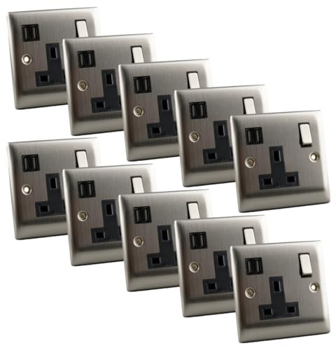 Brushed Chrome Single USB Socket – 13A Switched – Slim Edge Wall Plug Socket – 5V 2.4A USB – Stainless Steel – BS1363 Approved – Trade Bulk Pack - Pack of 10