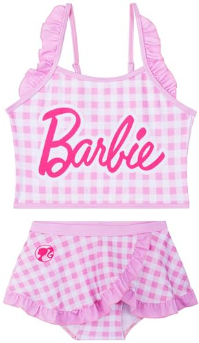 Barbie Bikini Niña 5-14 Años, Conjunto Niña 2 Piezas con Falda, Tirantes Ajustables, Top y Braguita Bañador, Ropa de Baño para Niños (9-10 Años, Rosa/Blanco)