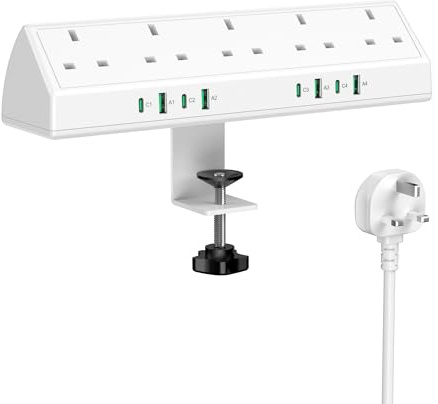 Jgstkcity Desk Clamp Power Socket, 45W USB-C Extension Lead, White | 5 UK Socket & 4 USB-C, 1200J Surge Protection, Desktop Power Strip 2M, Fit 1.9 Tabletop Edge, Office, Gaming, Dorm