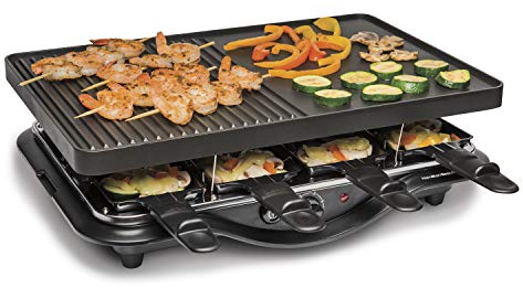 Hamilton Beach Electric Indoor Raclette Table Grill, 200 sq. in. PFAS-Free Nonstick Griddle Serves up to 8 People for Parties and Family Fun, Includes 8 Warming Trays, Black (31612MN-MX)
