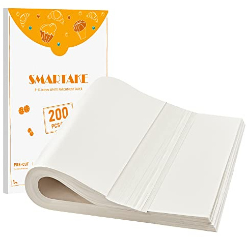 SMARTAKE 200 Pcs Parchment Paper Baking Sheets, 9x13 Inch Non-Stick Precut Baking Parchment, Suitable for Baking Grilling Air Fryer Steaming Bread Cup Cake Cookie and More (White)