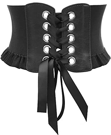 Aabellay Womens Lace-up Corset Cinch Waistband Waspie Elastic Waist Belt Retro Tied Wide Belt Vintage Bandage Elasticity Girdle Wrap for Girls Halloween Costume – Black YS001