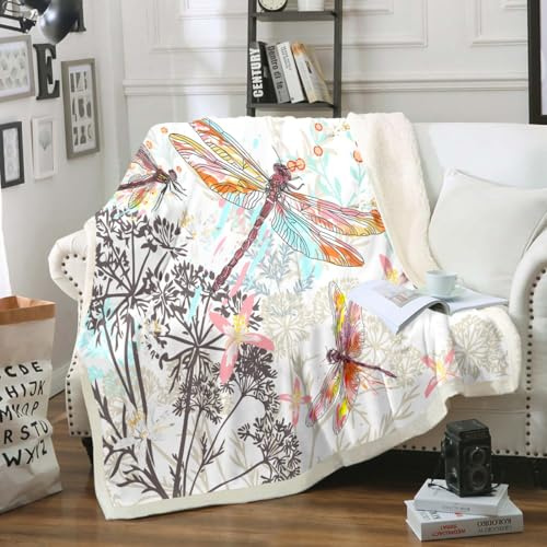 Feelyou Dragonfly Fleece Sherpa Throw Blanket Soft Cozy Fluffy Flowers Fuzzy Blanket Caring Gift for Women & Adults Botanical Weed Plush Microfiber Blanket 40x50