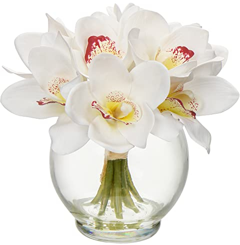 Oairse Artificial Orchid Flowers in Vase Real Touch White Faux Cymbidium Orchid Arrangement with Glass Vase Fake Water Decorative Artificial Flowers for Home Decor Table Centrepiece Living Room Office