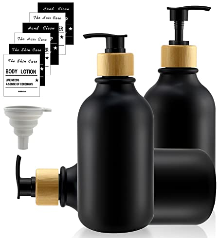 Lot de 3 distributeurs de savon en plastique noir mat - Bouteilles à pompe - 500 ml - Distributeur de shampooing avec autocollant - Funnel - Pour cuisine, salle de bain