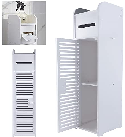 Toilettenschrank mit Toilettenpapierhalter, Badezimmerschrank Bad Hochschrank Badschrank Schmal, 81cm Freistehender Badezimmerschrank mit Ablagefach, 2 Fächer & Schublade, L16CM x W17CM x H81CM