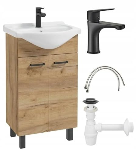 Domodomo Badezimmerschrank mit Waschbecken 85 x 50 x 41 cm Stehender Badezimmerschrank und Unterschrank Eiche 50 cm, Elegantes Set mit Armatur Schwarz Matt, klick-Klack-Stopfen, Siphon