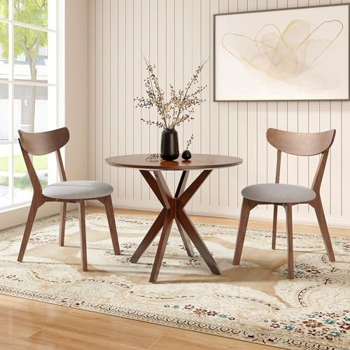ERGOMASTER 3-Piece Dining Table Set for 2, 36 Kitchen Round Table with 2 Chairs, Rubber Wood Legs, Brown