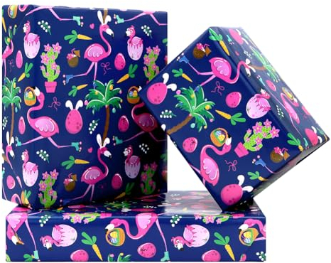 Flamingo Geschenkpapier, Ostern Geschenkpapier, Eier Flamingo mit Hasenohren Hawaii Dschungel Tropical Themed Wrap Paper, 4 Blatt flach gefaltet 50x70cm pro Blatt