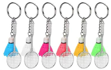 KOMUNJ 6 stycken badminton nyckelringar, miniklubbor och bollhängen nyckelring, fjäderboll badminton hänge, flerfärgad nyckelring, present, Vit, gul, grön, rosa, blå, ros, etwa 2,5 x 3,6 cm