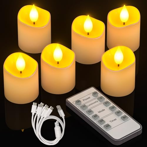 Yme Rechargeable Tea Lights Candles, 6 Pack Battery Operated LED Flameless Votive Candles with Remote Timer for Autumn Halloween Christmas Party Table Decorations Bedroom Decor