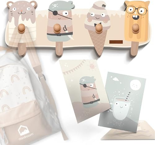 nordroom® Eismännchen Kindergarderobe mit 4 Haken - Wandgarderobe in Pastelfarben für Kinderzimmer Garderobenhaken aus Holz, Kinder Wandhaken „jsdrøm“, Kindermöbel Kleiderhaken Maße ca. 39 x 15 x 5cm