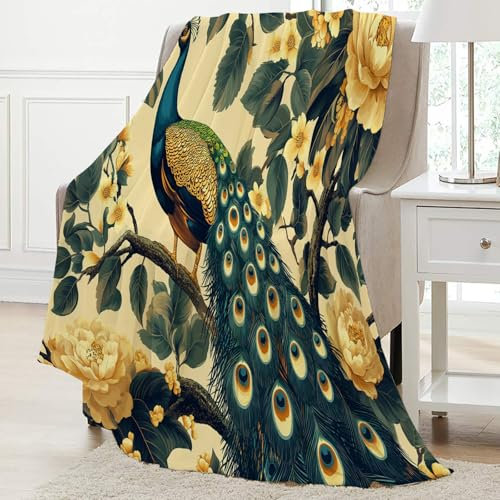 GSAEIMCT Bedruckt Decke für Erwachsene Kinder Flanell Fleecedecke, Retro-Pfau, Kuscheldecke Plüschdecke Flauschig Decken Sofa Couch Weich Wohndecke, 130x150cm