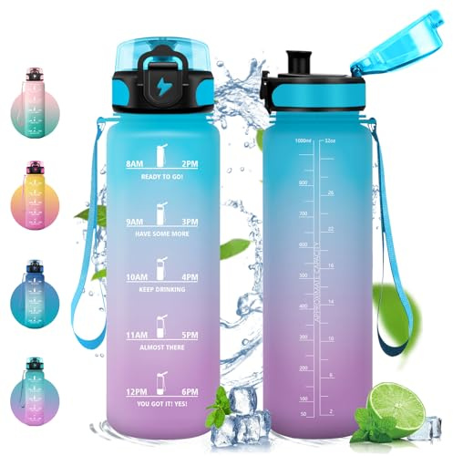 Vikastar Borraccia, 1 Litro Borraccia Sportiva, Borraccia Motivazionale, Senza BPA, Bottiglia Acqua per Sport, Fitness, Yoga, Scuola, Ufficio, Blu-Viola