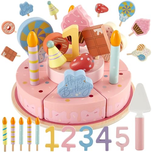 LINFUN KIDS Torta Finta Compleanno Due Piani da Taglio Giocattolo di Legno cui Torta Piatto e Candele, Decorazioni , Set Cucina Cibo Giocattoli Regalo per Bambini 3+