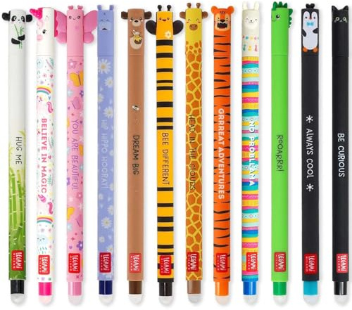Legami Lot de 12 stylos gel effaçables avec encre effaçable thermosensible, gamme de couleurs différentes d'encre et dessins, pointe de 0,7 mm, design d'animaux