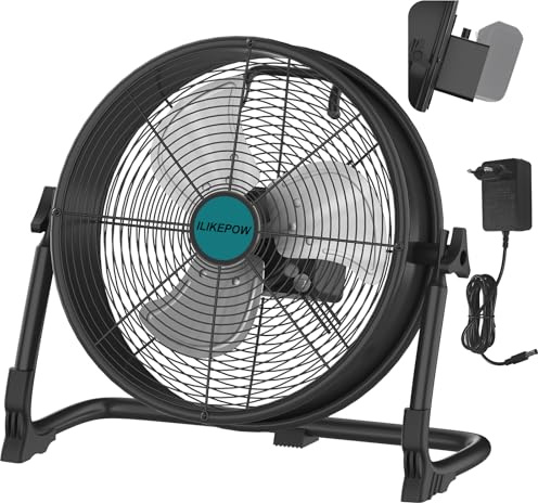 ILIKEPOW Akku Bodenventilator kompatibel mit Makita 18V Akkus, 12 Zoll kabelloser Ventilator Leise, Netzteil, USB Ladeanschluss, Stufenlos Regelbar für Baustelle, Werkstatt, Camping (ohne Akku)