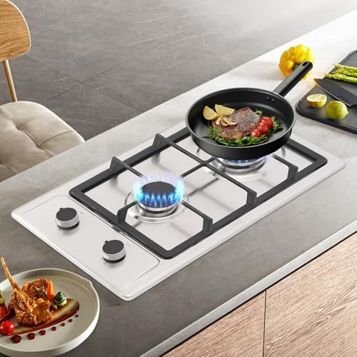 Hornillo de gas de acero inoxidable con 2 fuegos, para bombona de gas, empotrable o independiente, para cualquier utensilio de cocina, adecuado para camping, hogar y autocaravana, GLP/gas natural