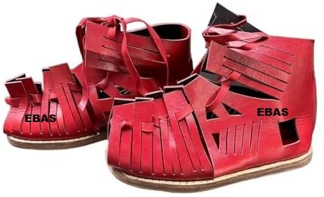 ebas Roman Leather Caligae Sandals, Red, Traditional Footwear (US 10)