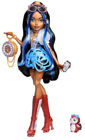 Monster High Doll, Robecca Steam in Blue Blouse and Black Shorts with Pet Penguin Captain Penny and 7 Accessories Like Flying Goggles and Purse