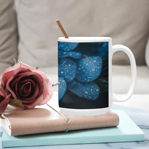 qenuh Blue Hydrangea Flowers with Dew Drop Ceramic Mugs Coffee Cup Smooth Glaze Finish 15 oz Classic Tea Cup for Hot Drinks, Office/Home Use