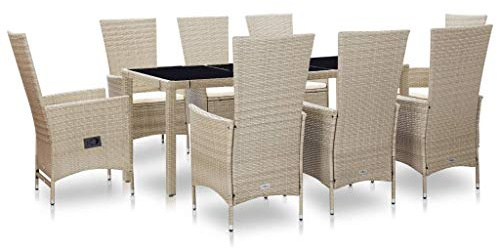 Qnhdfrt 8 pezzi Gruppo da giardino in rattan PE con piano in vetro e sedie regolabili per terrazza, balcone e giardino, design moderno robusto