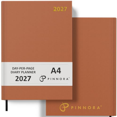 Pinnora Diary 2027 A4 Day Per Page, Leather Tan Year Planner Organiser 2027 Day Per Page, 2027 Planner, Home, School & Office, Hard Back 2027 Diaries A5 & A4 2027 Diary in Day Per Page & Week To View