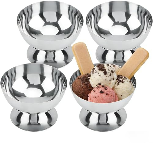 YuLiMirich Set med 4 glassbägare i rostfritt stål – Ø 10 cm – 200 ml vintage rostfritt stål dessertskål, cocktailglas med fot, ice cream sundae dessertglas för frukt sallad, yoghurt och fruktpudding