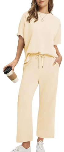 Rayson Tuta Estiva Donna Sportiva con Scollo Rotondo e Ampie Tasche Completo Tuta Donna T-Shirt & Pantaloni Casual per Jogging, Training, Casa, Working(Beige,M)