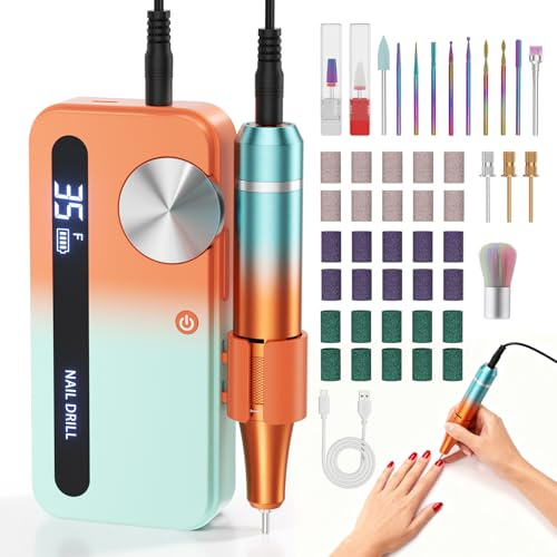 Fresa elettrica per unghie con 12 inserti lucidanti e 30 nastri abrasivi, 0-35.000 giri/min per manicure e pedicure per tagliare, limare, modellare e curare unghie e cuticole, Regolabile (Arancione)