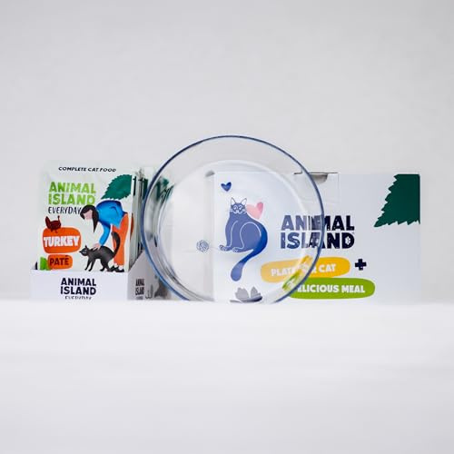 Animal Island Set med Glasfat Komplett Våt Kattmat Krämig Paté av Kalkon och Kyckling i Buljongsås Påsar för Vuxna Katter, 12 x 100g