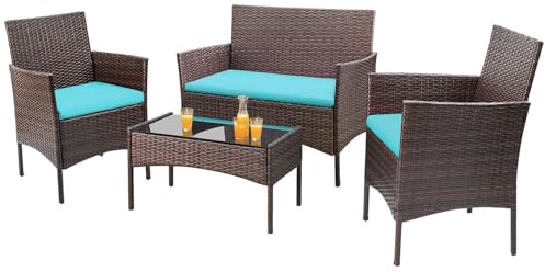 Homall 4 Pieces Patio Rattan Chair Wicker, Outdoor Indoor Use Backyard Porch Garden Poolside Balcony Furniture Sets (Blue)