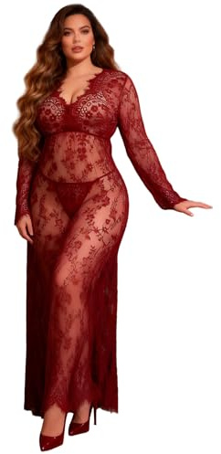 comeondear Femme Nuisette Sexy Longue Col V Grande Taille Robe De Nuit à Manches Longues Blanche Dentelle Transparent Robe Maternité String