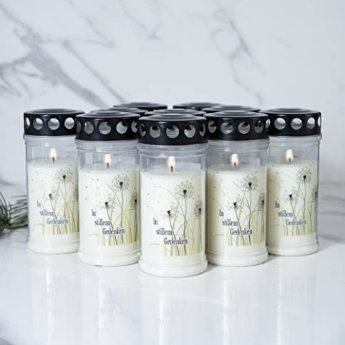 Hofer Lot de 10 bougies funéraires - 4 jours de combustion - L'original [Black Feeling] - Avec couvercle - Bougie funéraire avec motif et inscription - Bougies pour décoration funéraire et décoration