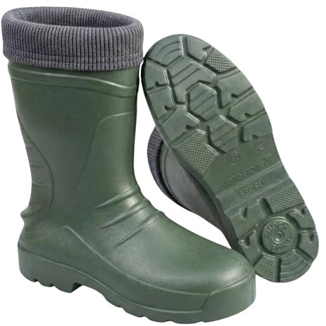 VERTO Botas de goma EVA para hombre, calcetines interiores de forro polar hasta -30 °C, caña alta, suela SRC antideslizante con perfil a prueba de pisadas, verde, 43 EU
