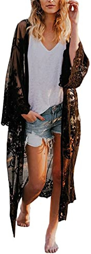 FSMO Dam cardigan lång klänning spets blommor sommar kimono pareo bikini cover up lätt jacka strandklänning, Svart #a, En Storlek