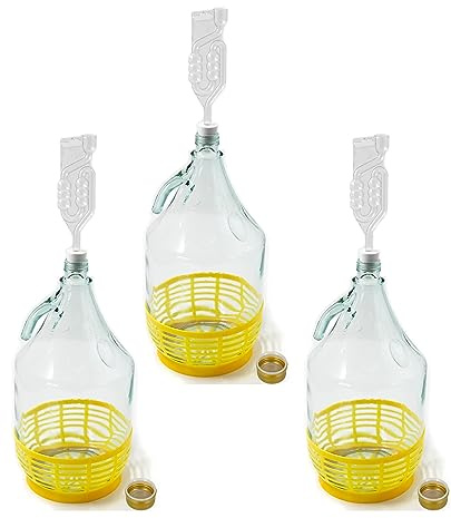 WYSKONT Bottiglia da damigiana a collo stretto con tappo a vite, cestello protettivo, camera d'equilibrio e tappo per vinificazione, fermentazione, conservazione di bevande, vetro trasparente, 3 x 5l