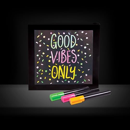 Neon Light Effect Message Frame. Includes 3 Coloured Pens to Write Your Message - Pink, Green & Orange. Wall Mountable. Wipe Clean. Battery Powered. Notice Board LED Sign