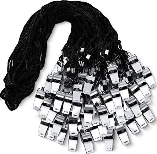 Kingdder 100 Pcs Metal Whistles Bulk with Lanyard Clip, Black