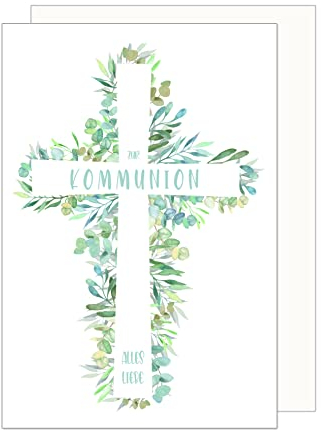Edition Seidel Premium Glückwunschkarte zur Kommunion mit Umschlag. Kommunionskarte Karte Grusskarte Kreuz Grüne Zweige Blätter Junge Mädchen (KO281 SW023)