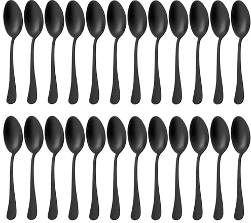 Pleafind Matte Black Spoon Set of 24, Stainless Steel Dessert, Table, Dinner Spoons - 8 inch, Dishwasher Safe