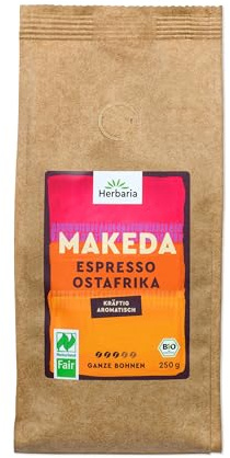 Herbaria MAKEDA | BIO Espresso ganze Bohnen | Naturland Fair zertifiziert aus Ostafrika | vollmundige Röstaromen mit Kakao- & Eichenholznoten | für Siebträger & Kaffeevollautomaten | 250g