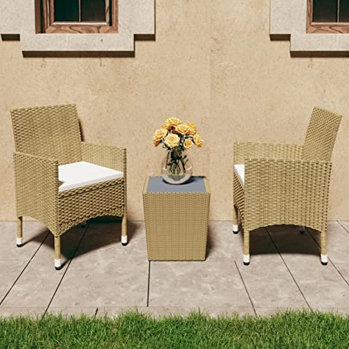 LAPOOH 3-TLG. Bistro-set, bistrobord med 2 stolar, trädgårdsset bord och stolar, balkongbord litet bistroset, poly rotting och härdat glas beige