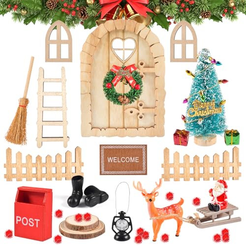 Wichteltür Set, 46PCS Wichteltür Zubehör Weihnachten, Holz Wichtel Zubehör Set,Miniatur Weihnachtswichtel Tür Deko mit Weihnachtsbaum,Weihnachtsmann, Zaun,Rentier für Feentür Weihnachtsdeko(C)