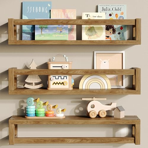 3Pack Nursery Book Shelves, Solid Wood Floatingshelf for Wall, Walnut Brown