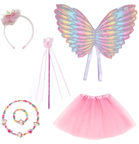 Fairy Wings barn, 6 st älvdräkter för flickor med fjärilsvingar, fe-troll, rosa tutu, krona hårband, enhörningshalsband, armband, fevingar och trollstav maskeradklänningar för flickor ålder 3-6, rosa