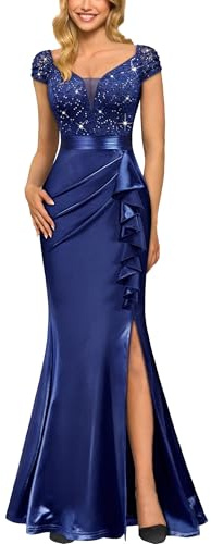 Miusol Women's Vintage V-Neck Slim Style Ruffle Split Evening Formal Maxi Dress (Large, A-Navy Blue)