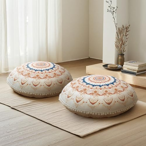 DAWNYIELD Lot de 2 Coussins de Méditation Ronds, Coussin de Sol Ergonomique avec Housse Amovible et Lavable, 80 cm Grand Coussin de Yoga avec Accents Pompons, Usage Intérieur/Extérieur, Marron