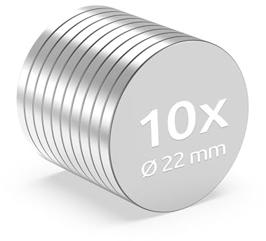 ECENCE Aimants Ronds Super Puissants en Néodyme - 10 pcs - Revêtement NiCuNi de Haute Qualité - Ø22x2mm - Argent